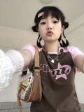Print Vintage O Neck Women Crop Top T-shirt Y2k Aesthetic Casual All Match Slim Tshirts Harajuku Grunge Cute Tee