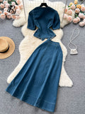 Fashion Denim Suits Cardigan Square Collar Short Sleeves Blouse+High Waist A Line Skirt Women Hotsweet Two Pieces