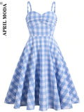 Summer Holiday Women Party Dress Blue Plaid Printed Spaghetti Strap Sundress A Line Swing Rockabilly Retro Vintage