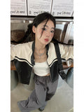 Leather Jacket Women Casual PU Y2k Vintage Jackets Female Patchwork Streetwear American Retro Locomotive Coat