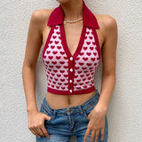 Heart Print Sleeveless Halter Knit Crop Tops Ladies Sexy Backless Tanks Camis Women Vest Summer Knitwear