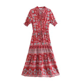 Queens Vintage Floral Print V-neck Short Sleeve Button Tassel Bohemian Maxi Dress Ladies Belt Rayon Cotton