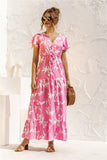 Queens Women Floral Print Short Sleeve Beach Bohemian Maxi Dress Robe Ladies V-neck Boho Dresses