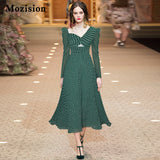 Autumn New V-neck Bubble Long Sleeve Temperament Dress High Waist Pleated Long Skirt Fashion Green Wave Point