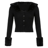 Autumn Thin Furry Knitted Cardigan Sweater Women Vintage Elegant Chic Jumper Ladies Fashion Patchwork Knitwear
