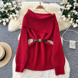 Zingj Fan High Sense Sweater 2024 Winter Belt Waist Versatile Shoulder Lapel Show Thin Chic Knit