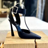 Women's 2025 Show Bao Head One-Word Water Drill Buckle Women's Shoes Fine Heel Black Silk Satin Giant Beauty Single