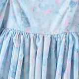 Fashion Women Blue Print Holiday Princess Party Dress Elegant Ladies Puff Sleeve Square Neck Pleat Mini Dress Short