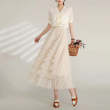Solid Color Cake Long Skirt Mesh Puffy Women Sexy Korean Floor Length Party Skirts Loose Elastic Female Ball Gown