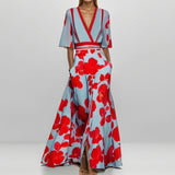 Women's Fashion Elegant Temperament V-Neck Print With Large Skirt Dress Dress