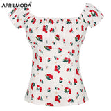 Summer Women Vintage Party Blouse 50s 60s Cherry Print White Cotton Short Sleeve Elastic Neck 2022 Tops Women
