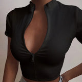 Hot Fashion Slim Fit Zipper Stretch Knitted T Shirt Women Female Bustier Corset High Neck Skinny Croped tee lady