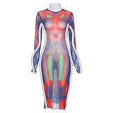Women Sexy Autumn Long Sleeve Printed Bodycon Mesh See Through Midi Dress 2021 Fall Clothes Wholesale Items