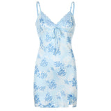 V Neck Lace Sleeveless Sexy Mini Dress Women Split Summer Backless Spaghetti Strap Short Dresses Ladies Printed