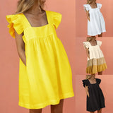 New Women Sweet Dress Summer Elegant Square Collar Puffles Sleeve Solid Mini Dress Ladies Casual Loose Pocket Beach