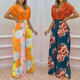 Two Piece Set Women Fashion V-neck Bat Sleeve Top Printed Wide-leg Pants Suit Casual Two Piece Set