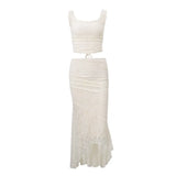 Zingj Women's Sexy Lace Dew Back Vest Top, French Royal Sister Temperament Irregular Skirt- Outfit