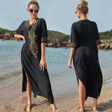 Indie Folk Lace Up V-Neck Batwing Sleeve Summer Beach Dress Tunic Women Beachwear kaftan Maxi Dress Robe Sarong