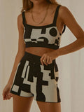 2022 Summer Y2K Knitted Print Shorts Suit Women Casual Tracksuit Sexy Strap Crop Top Shorts Two Piece Set Beach