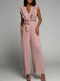 Women Solid Pencil Pants Slim Playsuit Elegant Waist Lace-up Belt Jumper Summer V Neck Ruffles Layered Ladies Office
