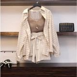 Summer Women Three piece sets Casual Linen Plaid Tops + Shorts Elastic Waist Wide Leg Pants Suit Set 3 Piece