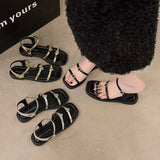 Sandals Women Wear New Summer Square Head With Roman Style Love Diamond Buckle Flat Sandals Slippers