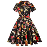 Print Black Pinup Women Cotton Midi Flare Dresses Short Sleeve Knee-Length Floral Print Sundress 50s Swing Party Retro