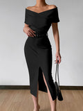 Off Shoulder Midi Dress Women Split Folds With Belt White Elegant Bodycon Sexy Party Chic Christmas New Year