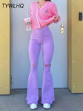 Y2k Flared Jeans Women High Waist Fashion Purple Stretch Baggy Mom Jeans Wide Leg Pants Elegant Denim Trousers