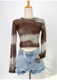 Zingj Layer Opaque Ice Screen Gauze Short Jacket Female Ink Dizzy Dye Bottom Shirt Spring And Summer Slim Suntan T-Shirt
