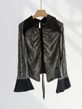 Zingj Earth Wind Unique Top Show Waist Short Black POLO Pointed Collar Draw Rope Horn Sleeve Shirt Forest Witch