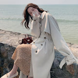 Spring Autumn Women Long Trench Coat Double Breasted Belted Dress Loose Coat Office Lady Outerwear