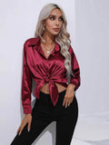 Satin Shirt Satin Imitation Silk Long-Sleeved Pure Color Elegant Button Front Lapel