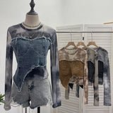 Vintage Dye Mesh Spliced Denim Shoulder Long-Sleeved T-Shirt T-Shirt T-Shirt Dress