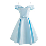 Spaghetti Strap Vintage Dress Light Blue Bow Front Solid Women Short Sleeve Elegant Ladies Formal Party Sling