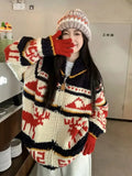 Reindeer Zipper Collar Printed Knitted Cardigan- Outfit