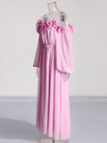 2025 Spring New Fashion Temperament Shoulder Three-Dimensional Flowers Splicing Design Lantern Sleeve Long Dress