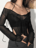 Sheer Mesh Lace Up Blouse- Outfit