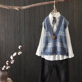 fan knitted vest women's 2021 autumn new style literary fan V-neck vest waistcoat plaid sleeveless pullover