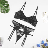 Embroidered Flower Sheer Mesh Lingerie Set Women's Lace Breathable Gathered Underwire Big bow Bra and Garter Panties