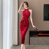 Autumn New French Vintage Red Sleeveless Velvet Midi Dresses Women Elegant Chic Jacquard Beading Sexy Slim Female