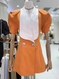 Puff Sleeve Large Collar Back Bow Blazer Mini Dress-Outfit
