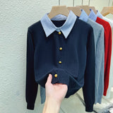 Gray False Two Knit Cardigan Outside Build Female Autumn New Style Design Feeling Bump Color Sweater Coat Loose Jacket Tide-Outfit