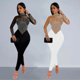 Zingj Fashion Women's Pure Color Mesh Hot Diamond Long Sleeve Trousers