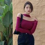 Off Shoulder Sweaters For Women Knitted Long Sleeve Solid Color Sweater Chic Hong Kong Style Tops