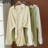 Fashion Asymmetry shirts White Cotton Linen tops blouses long sleeve khaki shirts drawstring waist oversized tops