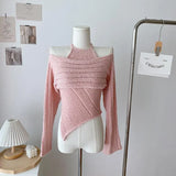 Autumn Hollow Out T Shirt Women Knitted Vintage Two Pieces Tops Y2k American Retro Tee Tops Winter Streetwear