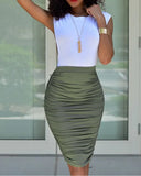 Women Sexy Sleeveless Top & Ruched Midi Skirt Set Two Piece Dress Suit Ladies Bodycon Skirts