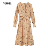 2021 Long Dress for Women O Neck Long Sleeve Fashion Print Chic Belt zipper Loose Midi Dress