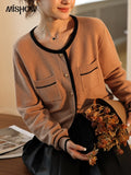 Knitted Cardigan for Women Autumn Winter 2022 Korean Slim Contrast Color Pockets O-Neck Female Single Breasted